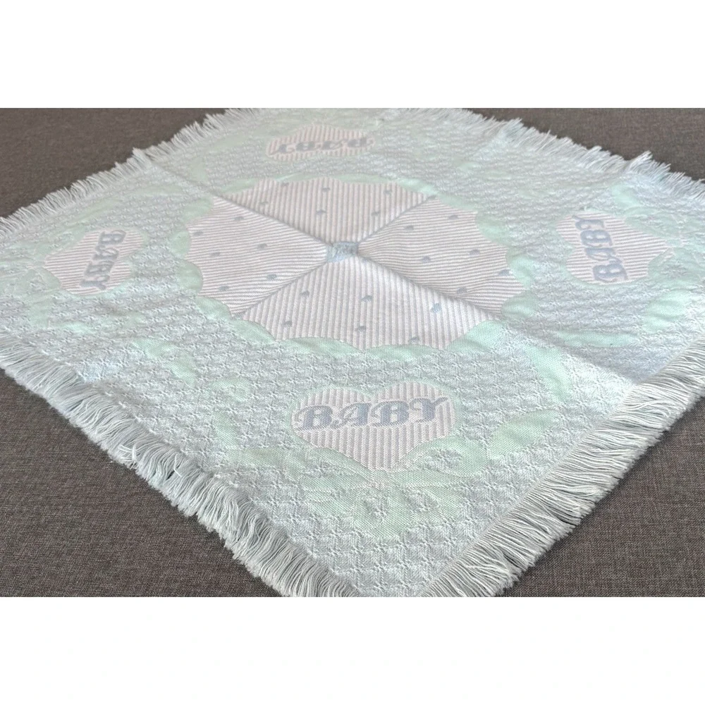 Vintage Baby Woven Throw Blanket Blue White Fringe Hearts Bows Nursery 34x32 80s